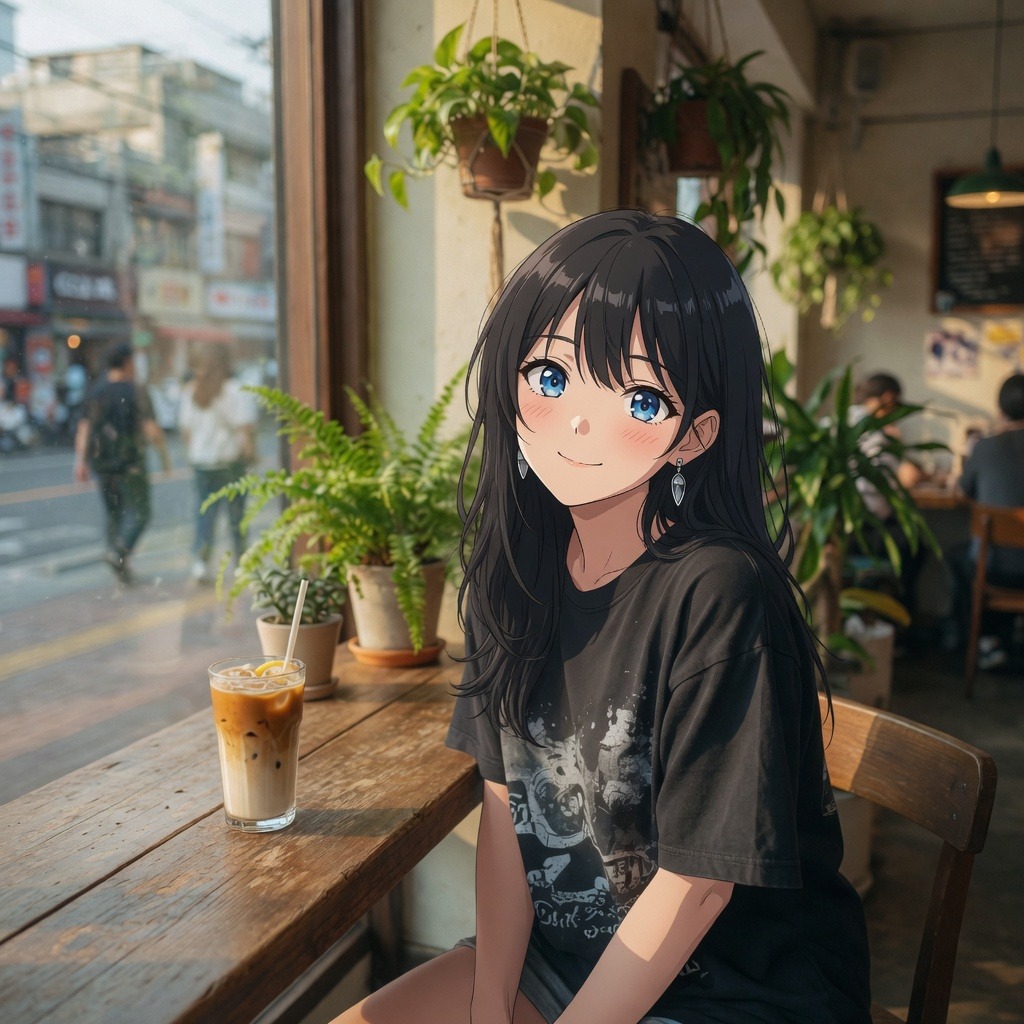 Avalynn at a cafe window
