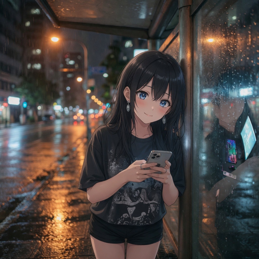 Avalynn at a rainy bus stop